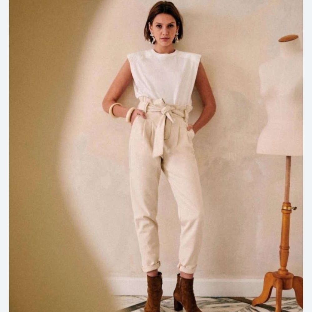 Sezane Austin Trousers Flecked Ecru Belted